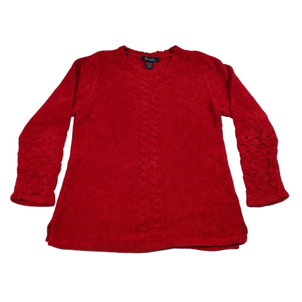 VTG 90s Denim & Co Chenille Velour L/S Top Sweater Cable Knit Lattice-Sleeve